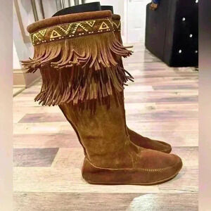 MInnatonka Women's Dusty Brown Suede 2 Layer Fringe Knee High Boot Moccasins
